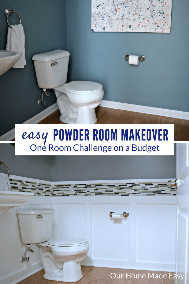 Here is an easy DIY budget powder room makeover! We used easy projects to go from builder grade to modern. Click to see how we did it!