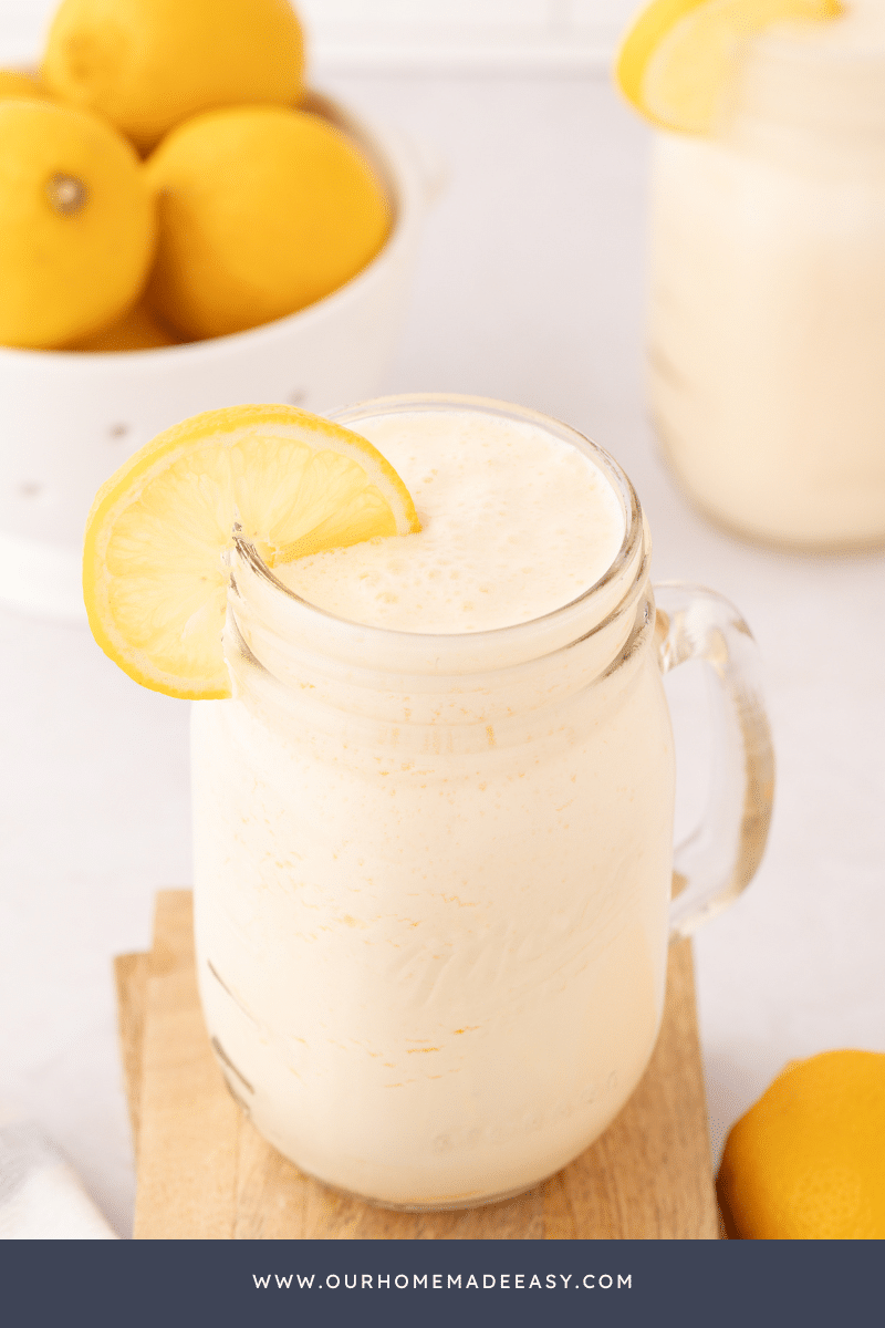 Copycat chik fil a frosted lemonade with lemon garnish