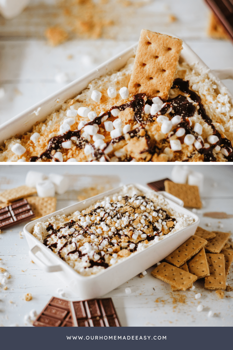Smores dip recipe on table collage