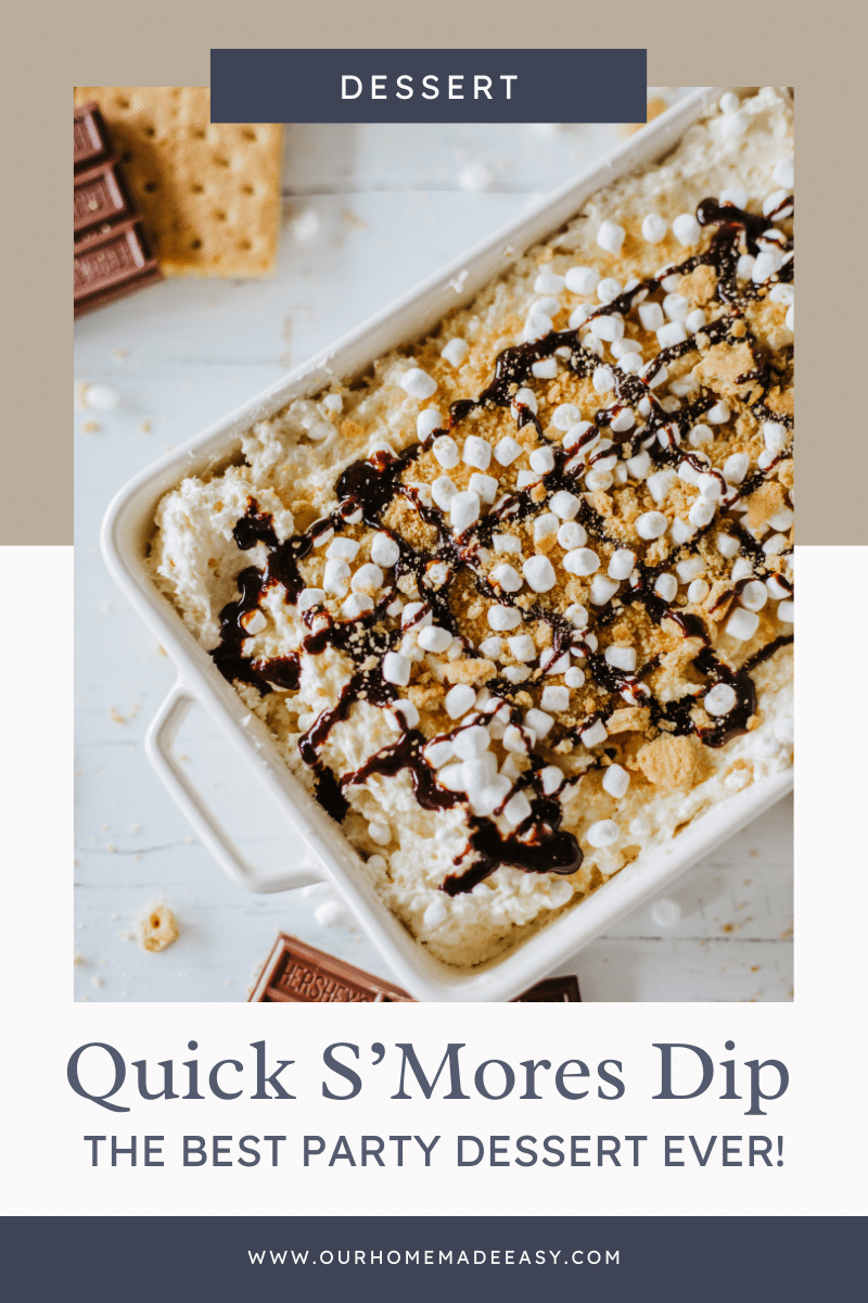 Smores dip recipe on table with text