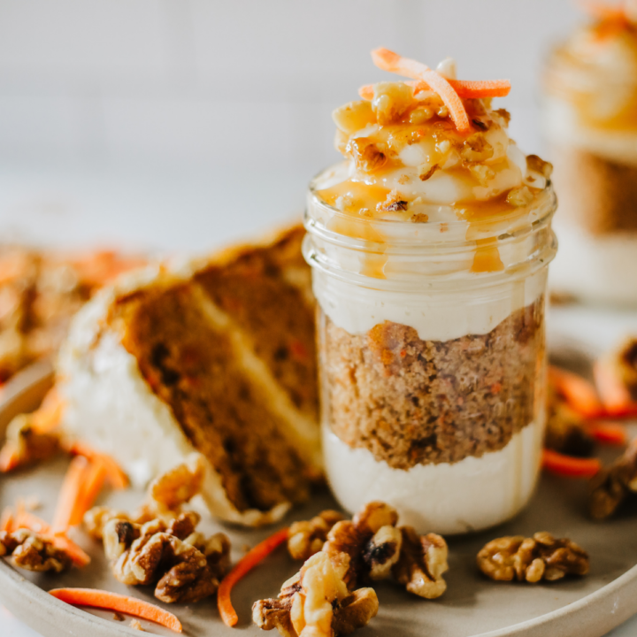 Carrot cake cheesecake on countertop