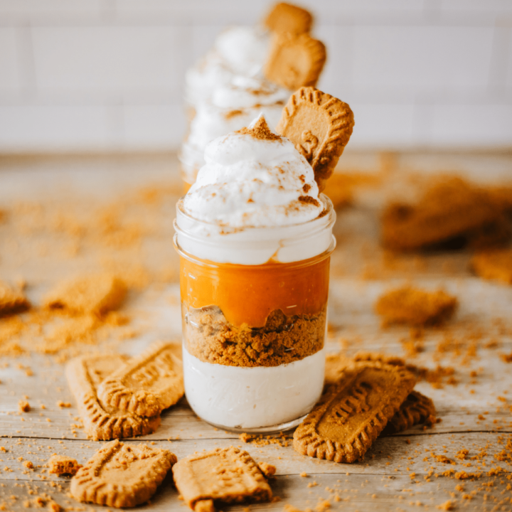 No Bake Pumpkin Cheesecake Individual trifle on wood counter