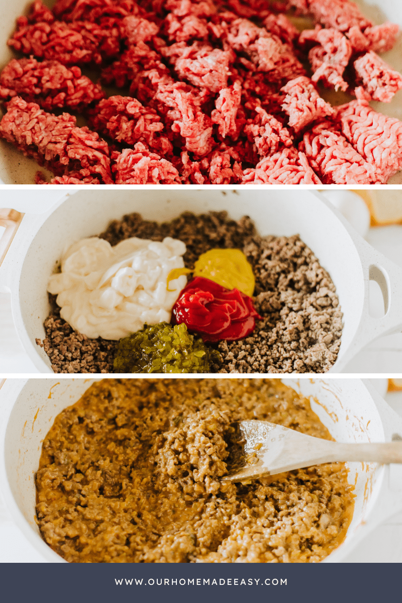 sloppy joes being made in a white pot