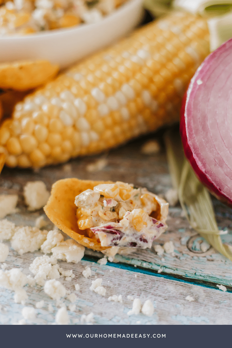 elote dip on corn chip