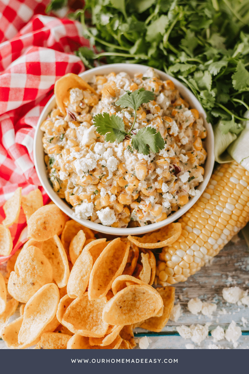 elote corn dip with corn and corn chips