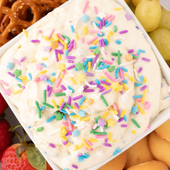 Cake Batter Dip on platter with fruit