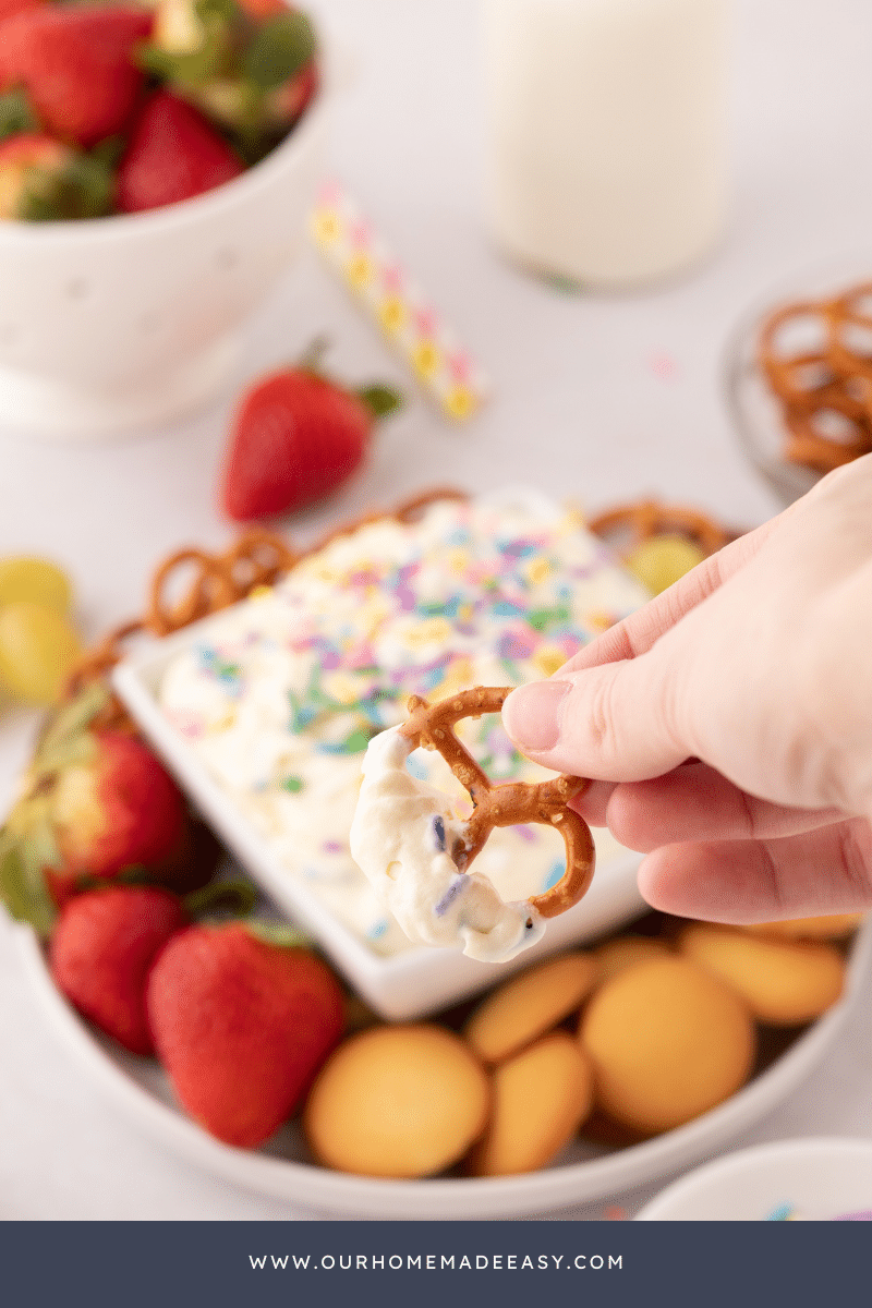 Cake Batter Dip with pretzel