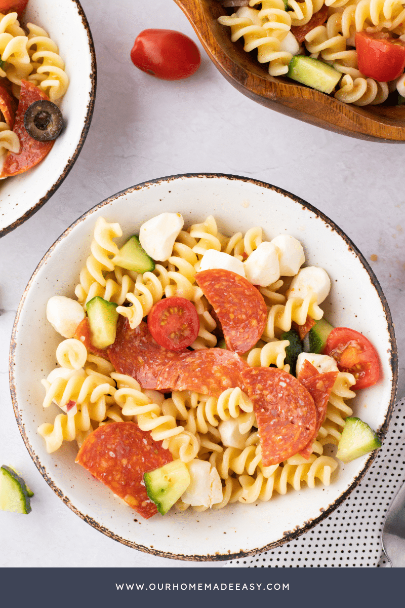 Zesty Italian Pasta Salad in bowl on table