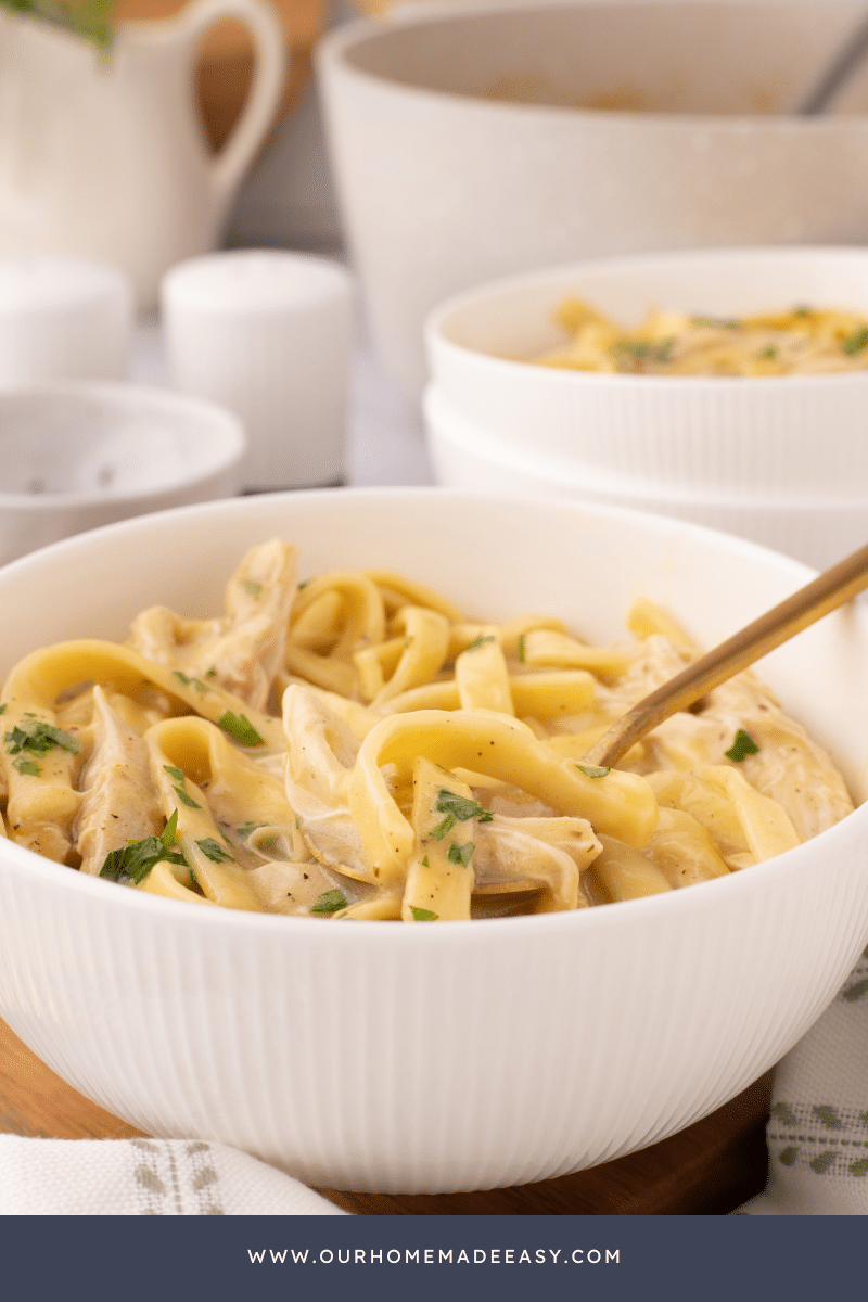 chicken and noodles in bowl with spoon