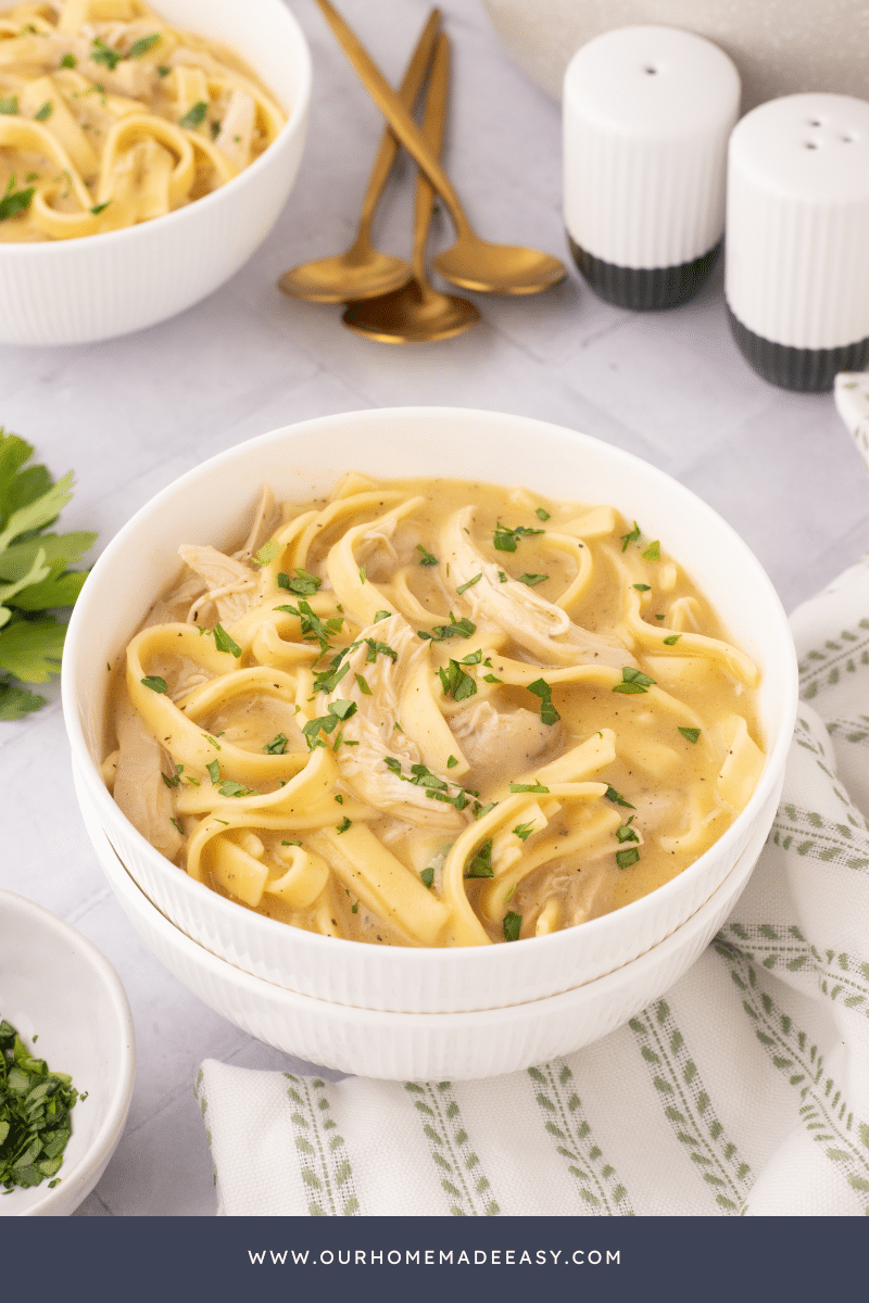 chicken and noodles dish on countertop