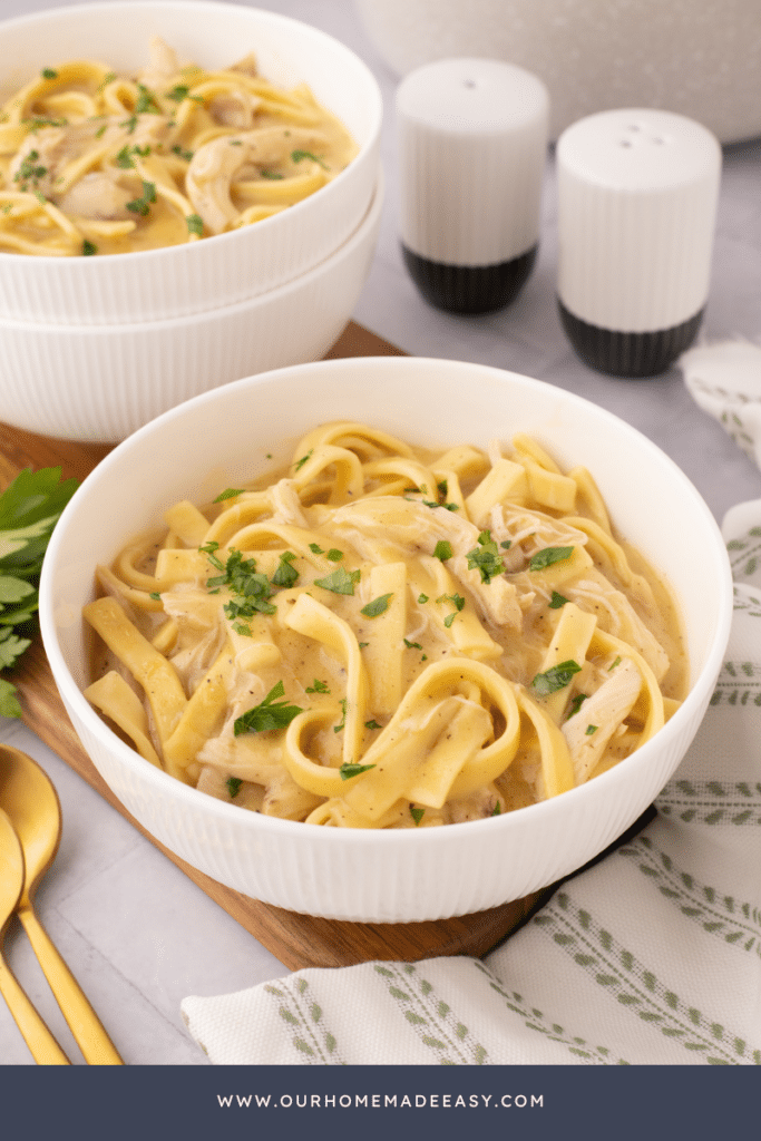 chicken and noodles dish on countertop