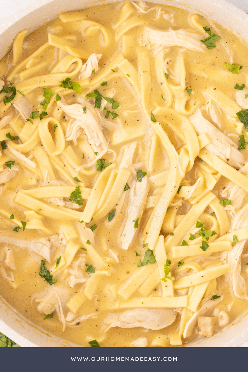 chicken and noodles noodles in cast iron pot