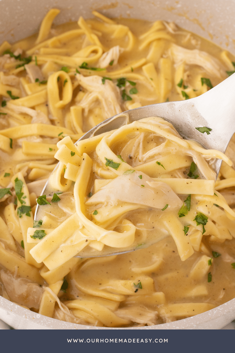 chicken and noodles noodles in cast iron pot