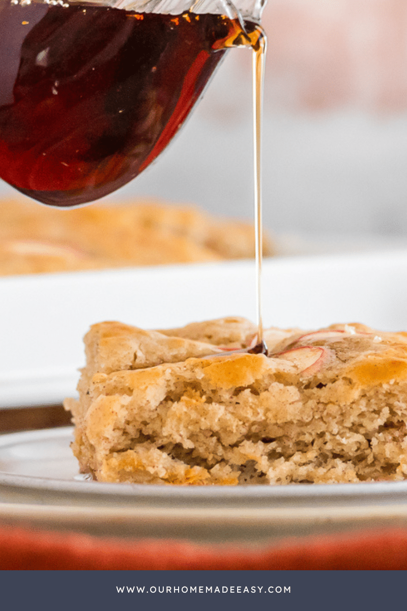 Apple cinnamon sheet pan pancakes on counter and white plate