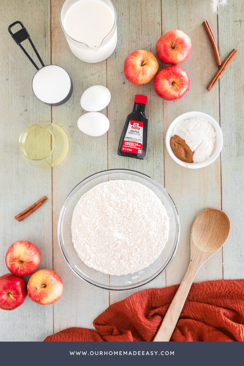 Apple cinnamon sheet pan pancakes ingredients on counter