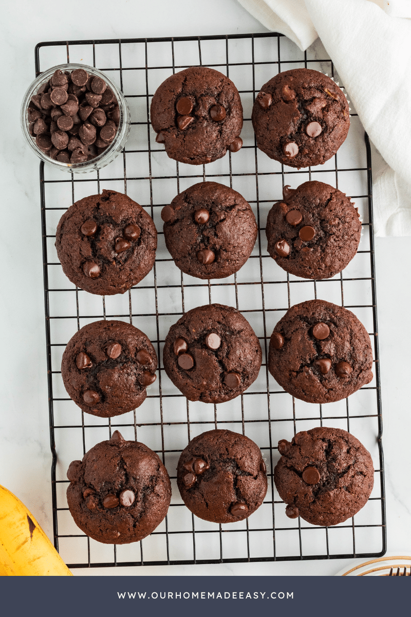 finished chocolate banana muffins on wire cooling rack