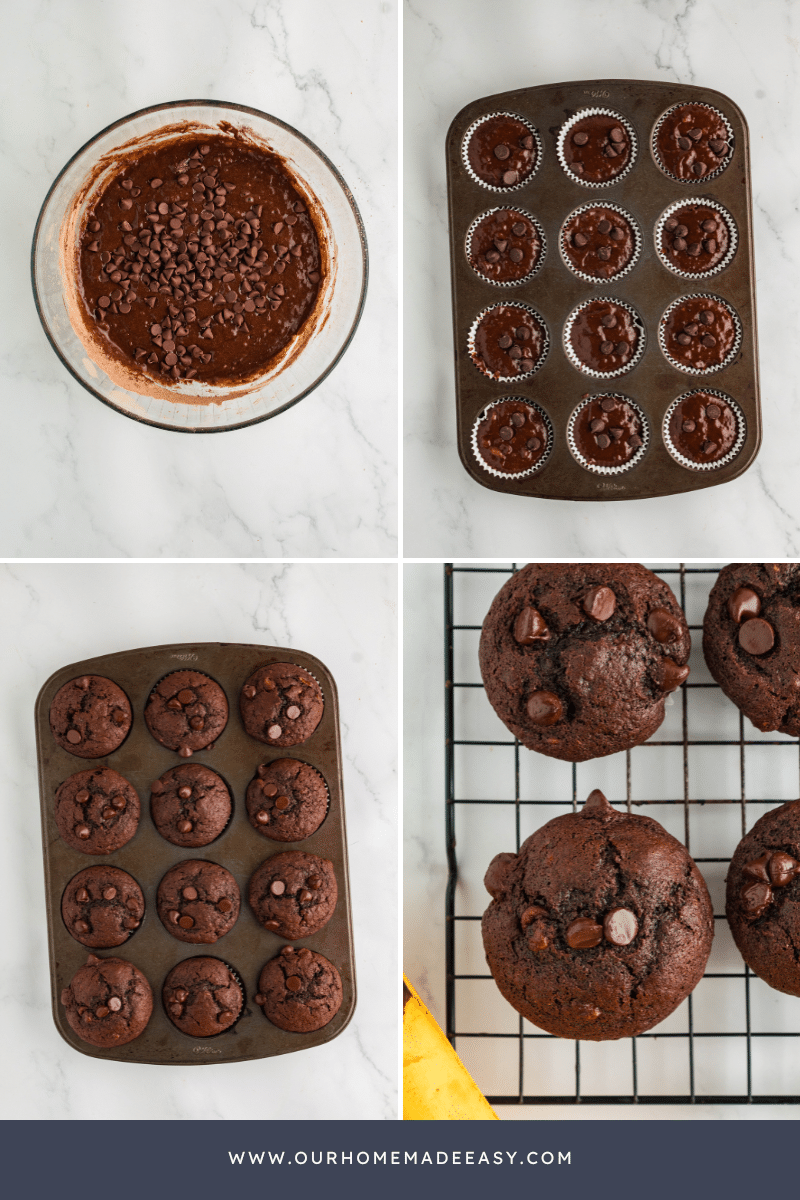 Chocolate banana bread muffins in process baking collage