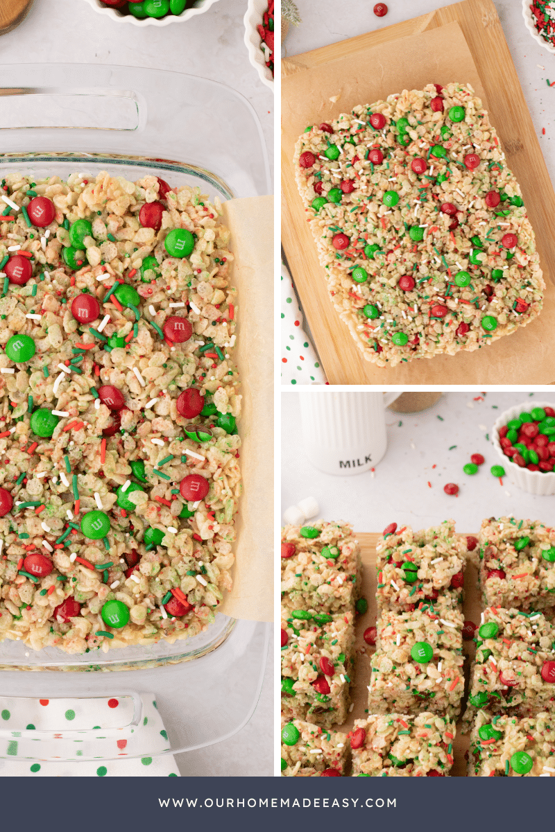 Christmas rice Krispie treats in glass pan in process collage