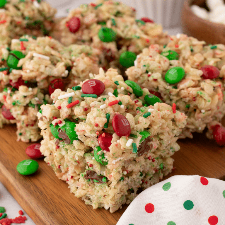 Christmas rice Krispie treats on wood cut up