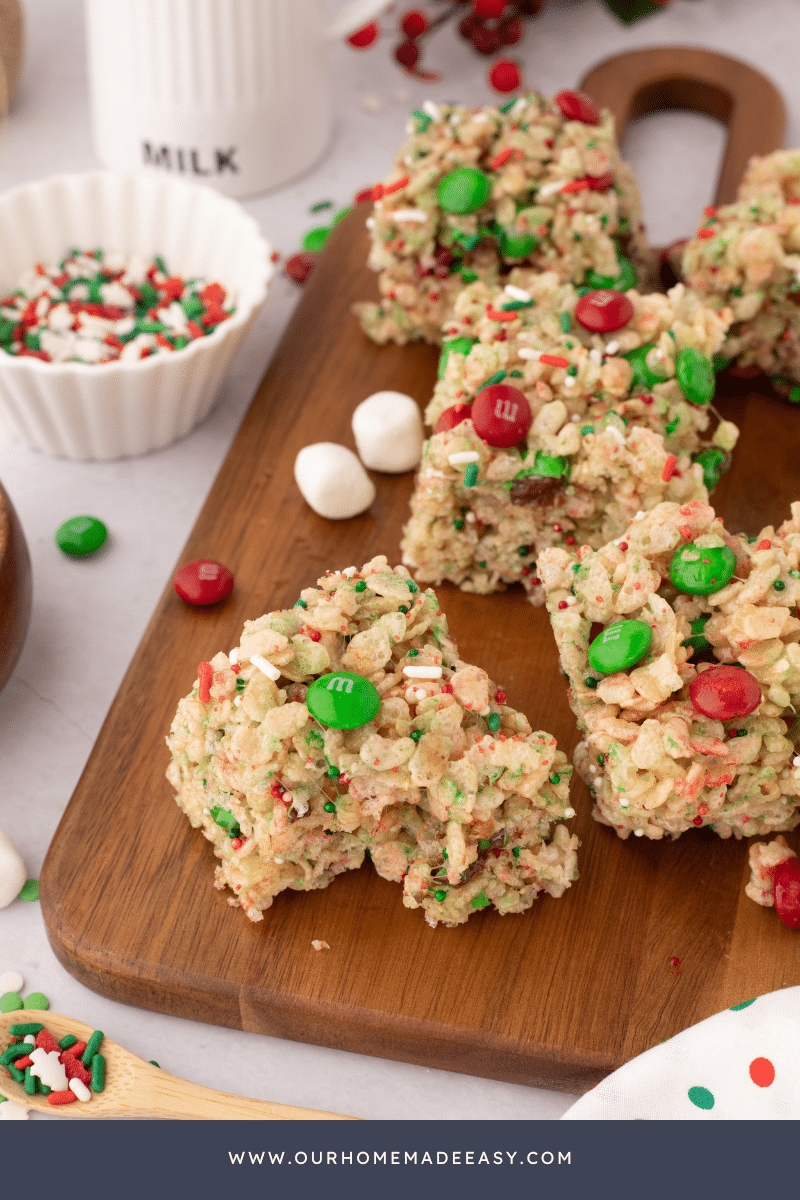 Christmas rice Krispie treats on cutting board