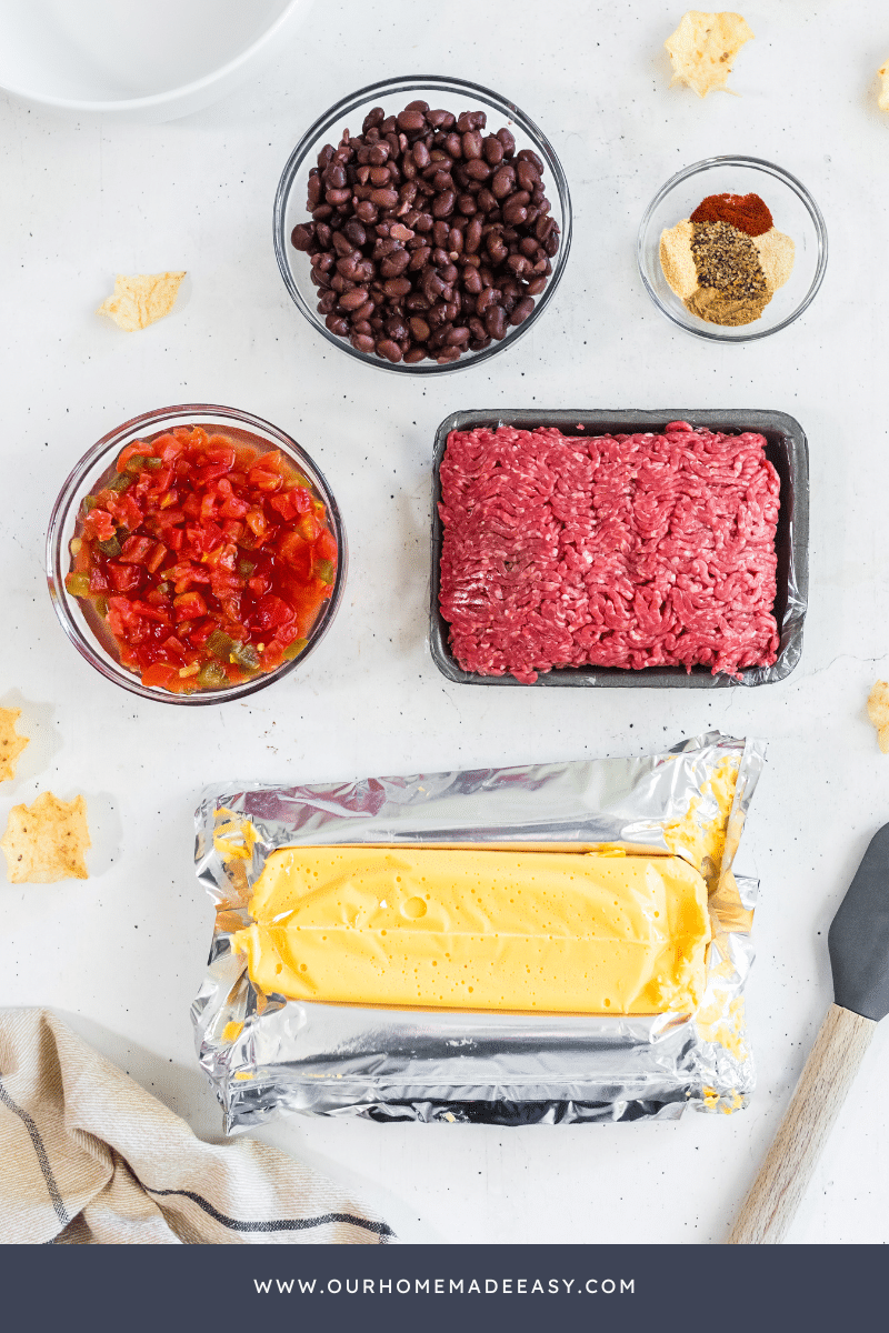 Cheese Rotel Dip Ingredients on countertop