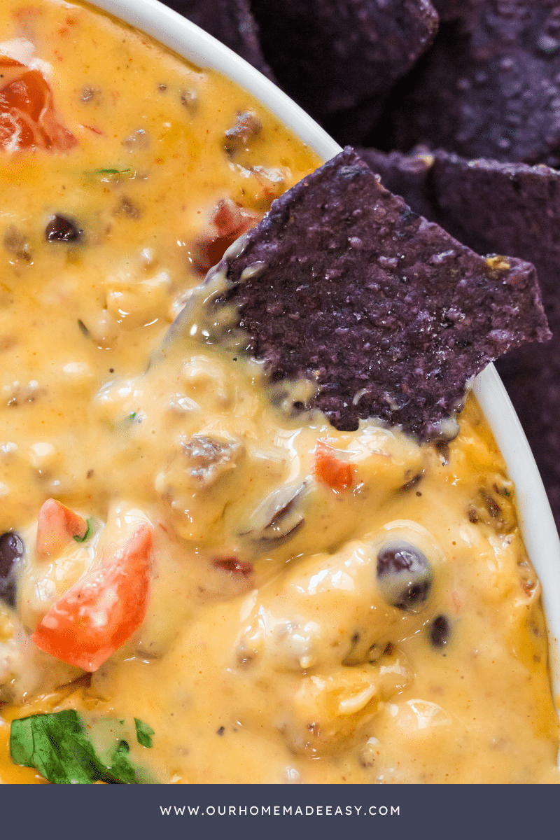 blue corn tortilla chip, queso dip, in a Bowl on table top