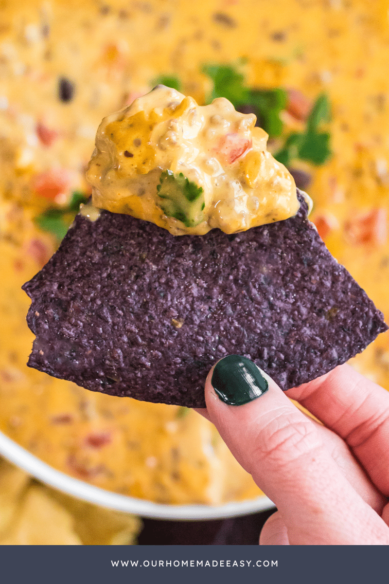 blue corn tortilla chip, queso dip, in a Bowl on table top