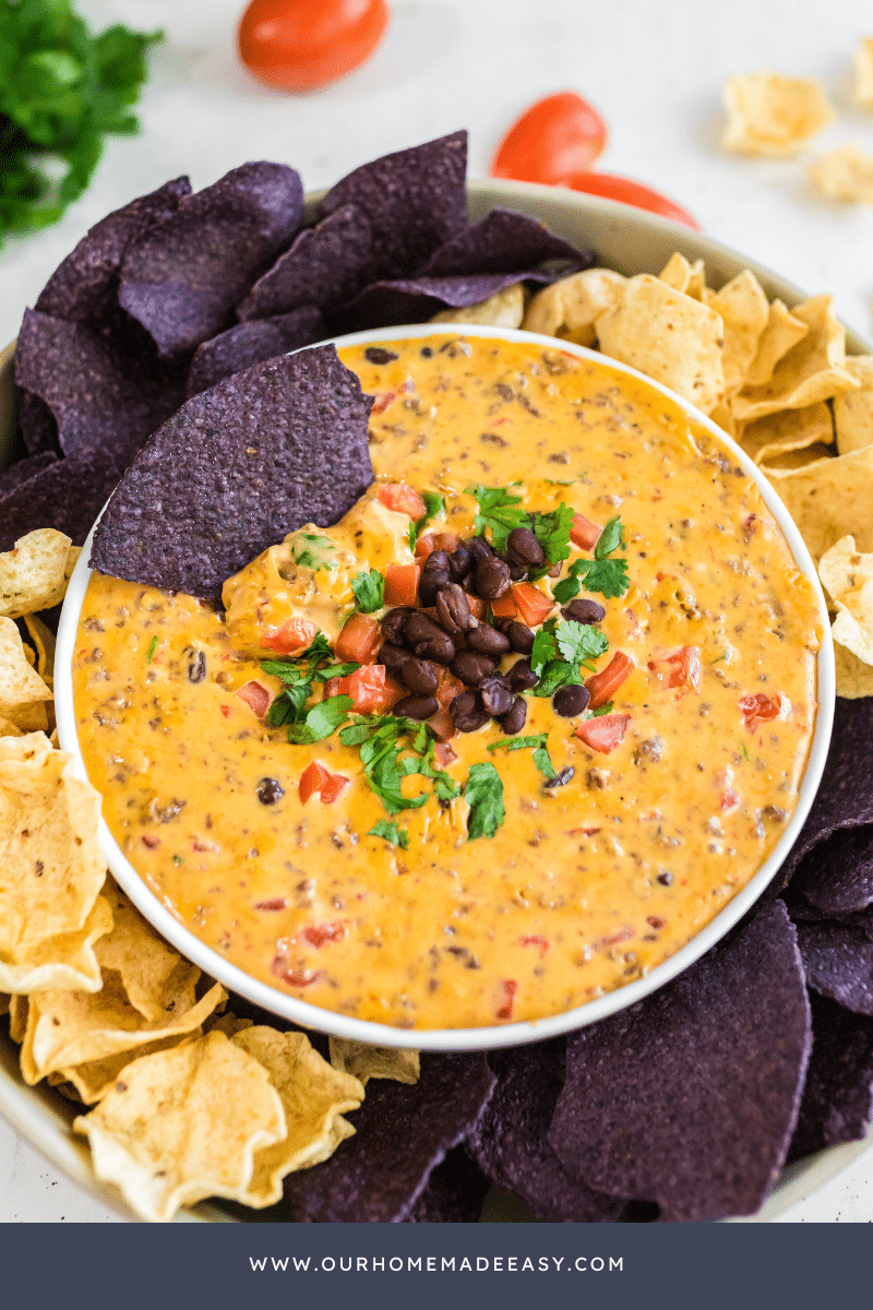 blue corn tortilla chip, queso dip, in a Bowl on table top