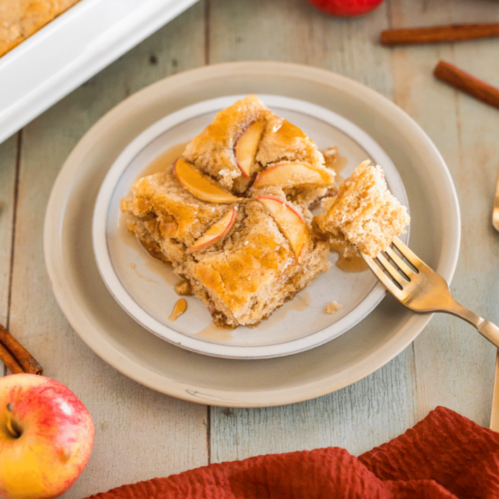 Fork with sheet pan pancakes on plate