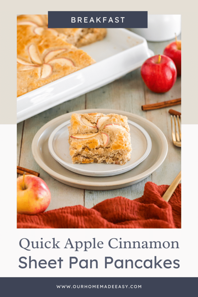 Apple cinnamon sheet pan pancakes on counter and white plate