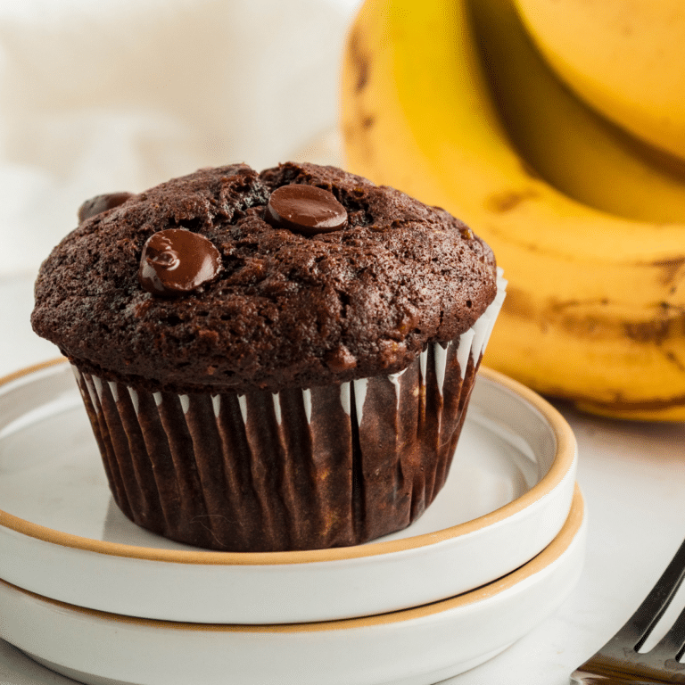 Chocolate banana bread muffin on countertop