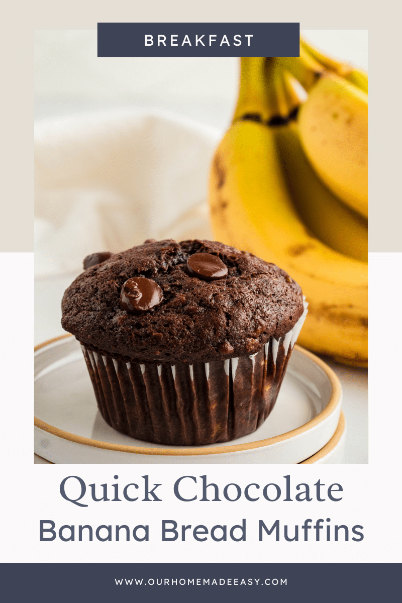 Chocolate banana bread muffin on countertop with text