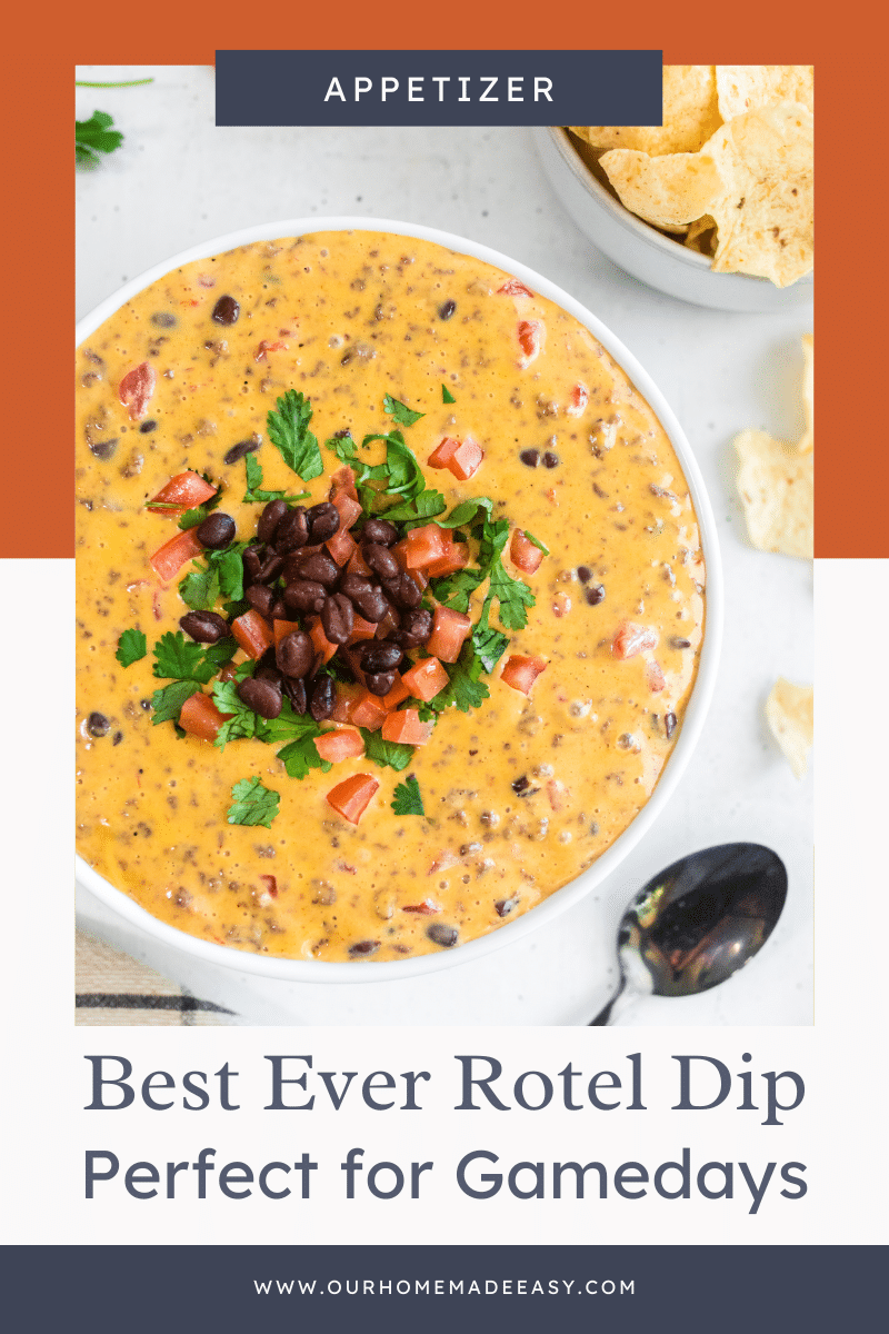 Rotel Dip with Queso in Bowl with text