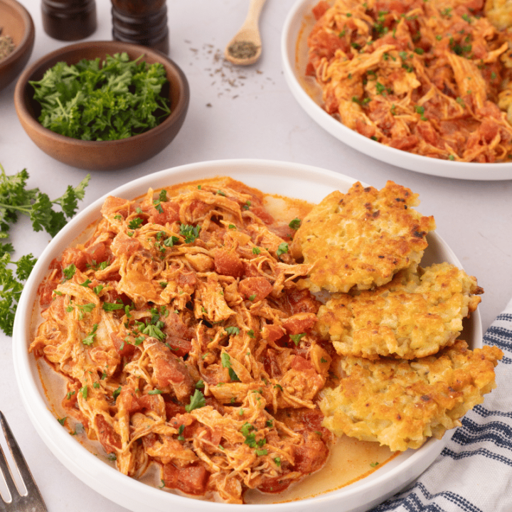 Chicken paprikash recipe on counter top and plated