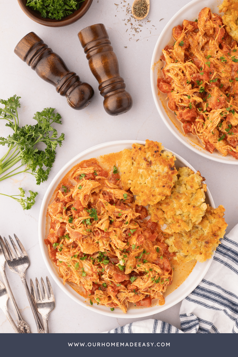 Chicken paprikash recipe on counter top and plated