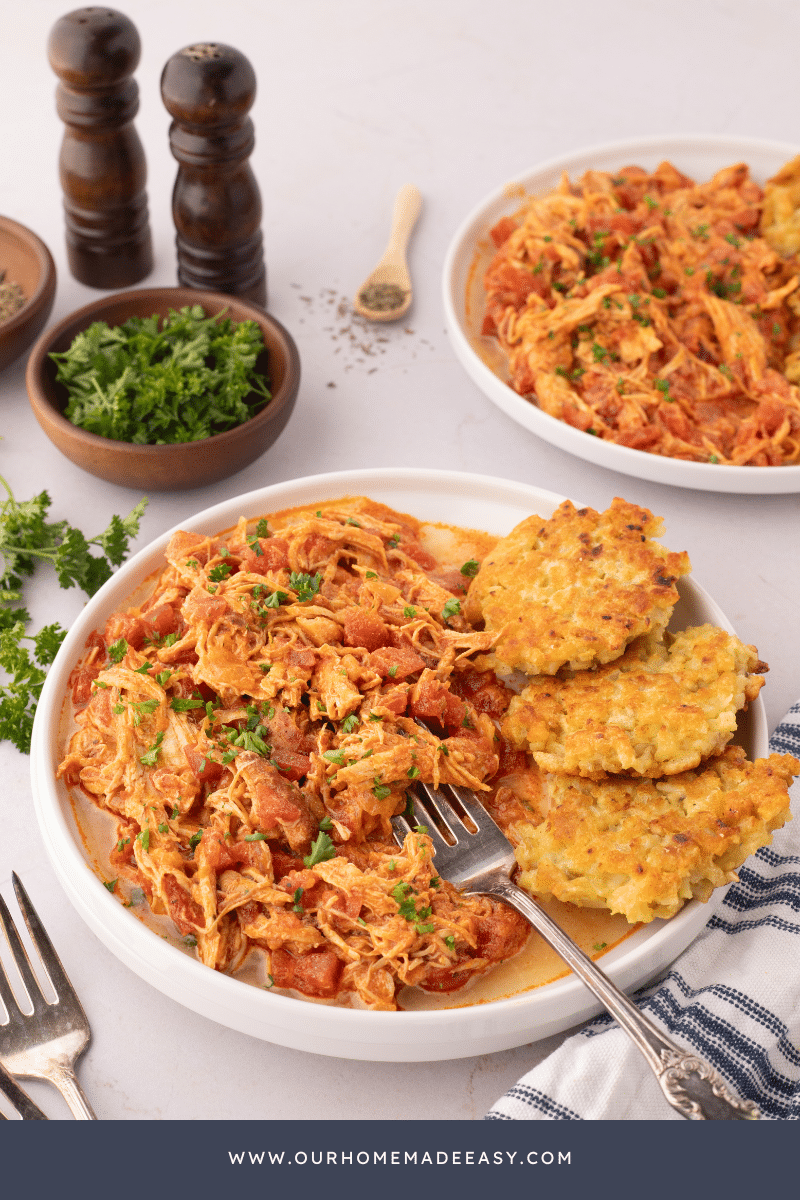 Chicken paprikash recipe on counter top and plated