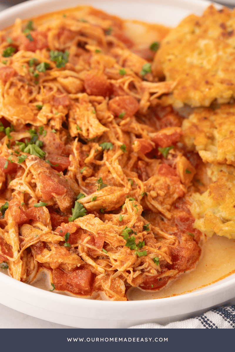 close up of Hungarian chicken paprikash with potato latkes