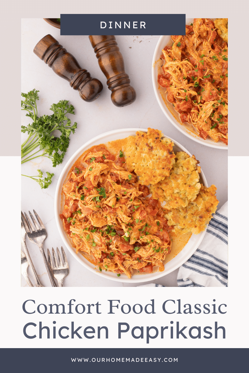 Chicken paprikash recipe on counter top and plated