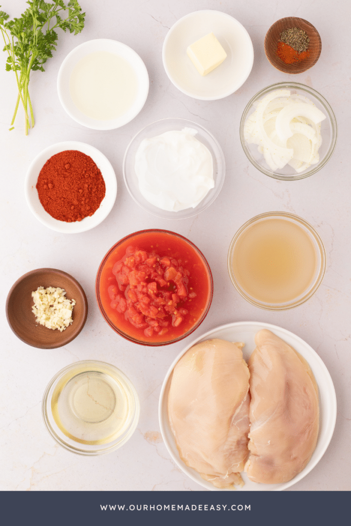 Chicken paprikash ingredients laid out