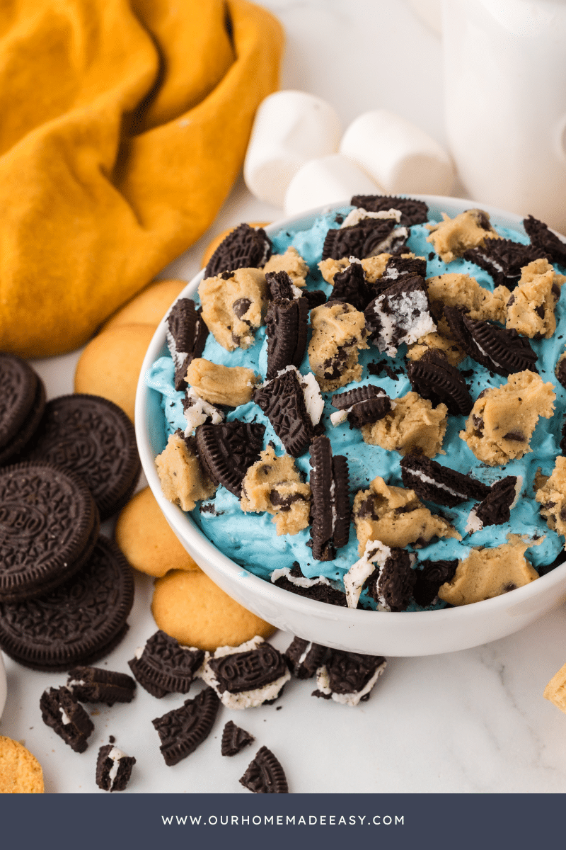 Looking down at Cookie Monster Dip on Countertop