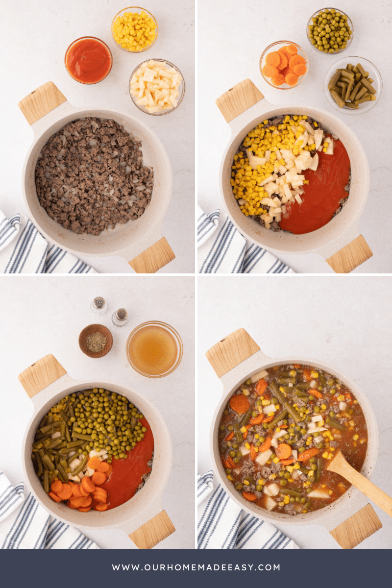 ground beef vegetable soup being made collage