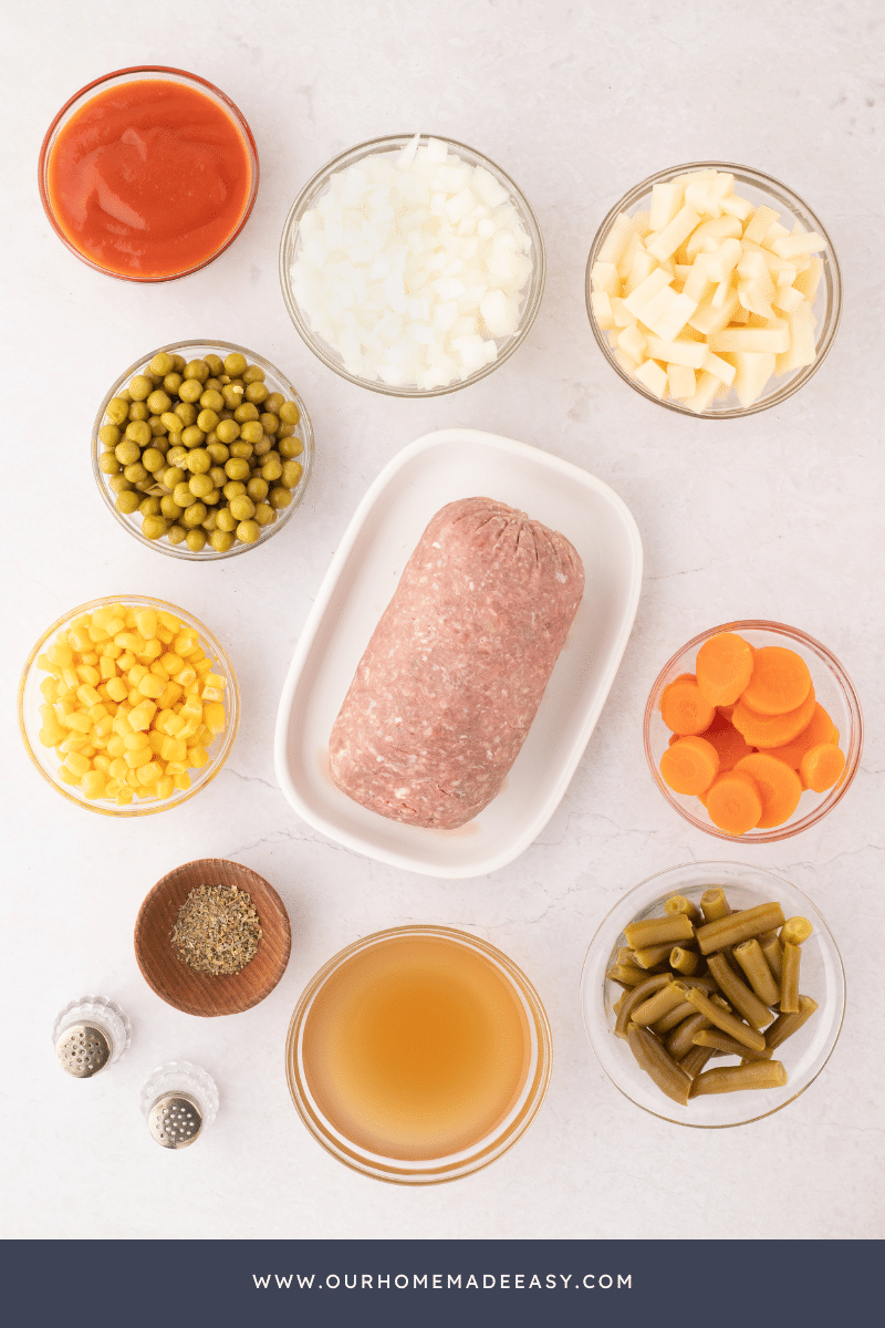 ground beef vegetable soup ingredients on counter