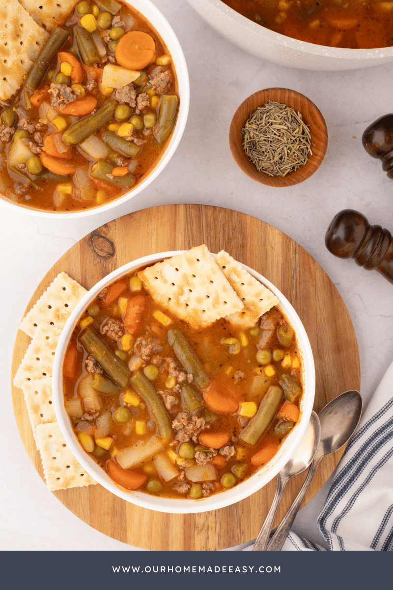 Ground Beef Vegetable Soup bowl on Counter Top