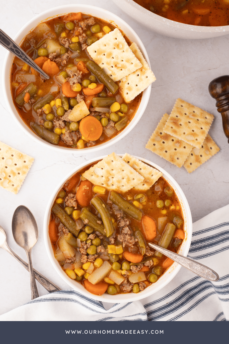 hamburger Vegetable Soup bowl on Counter Top