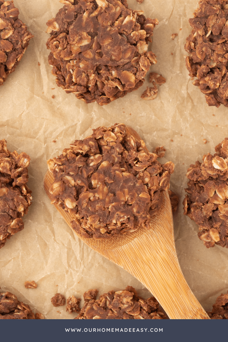 Close up of no bake chocolate peanut butter cookies on cookie sheet