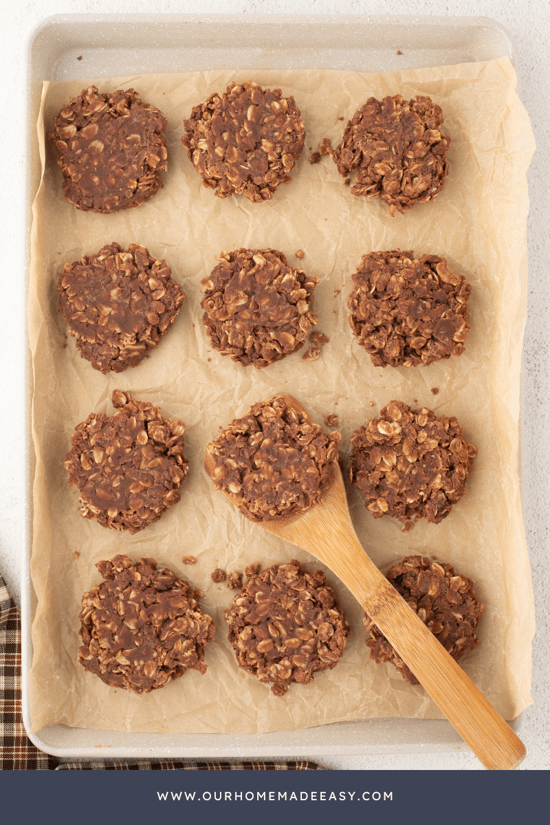 no bake chocolate peanut butter cookies on cookie sheet