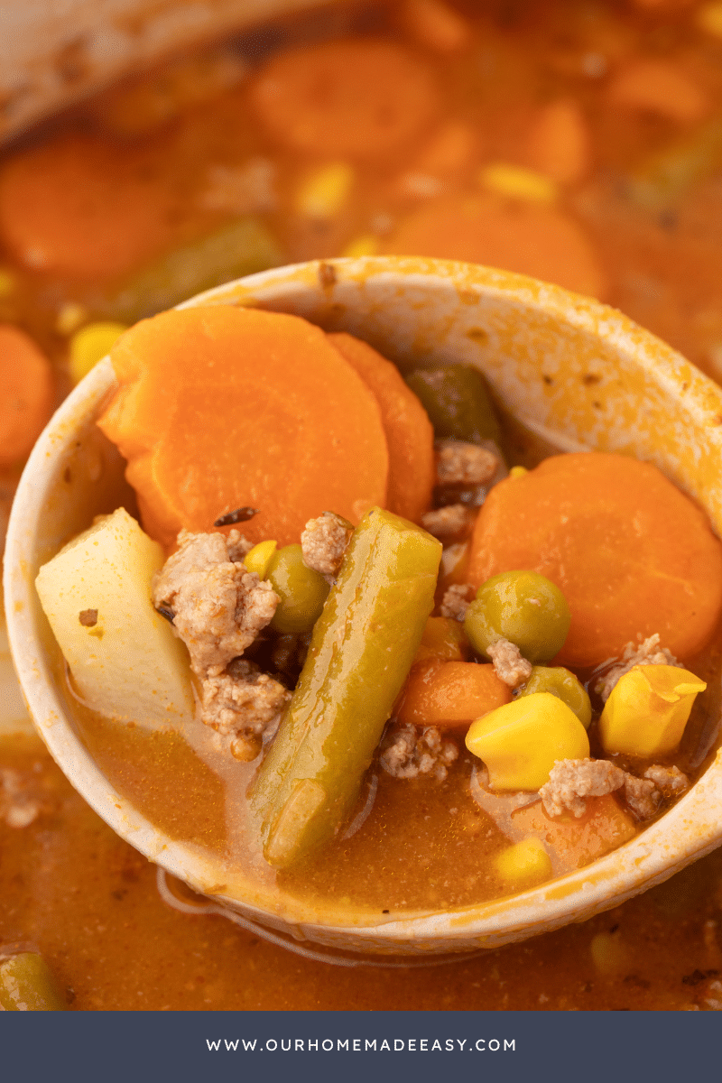 Ladle close up of Ground Beef Vegetable Soup