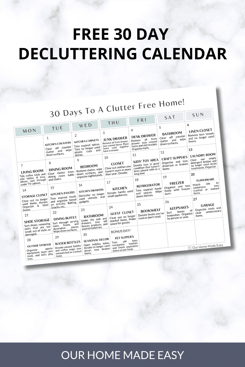 Mockup of printable 30 day declutter challenge calendar