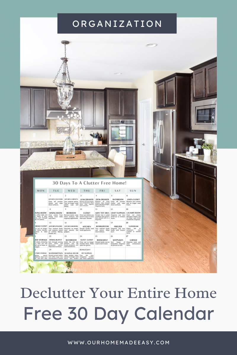 Kitchen image with printable 30 day declutter challenge image added