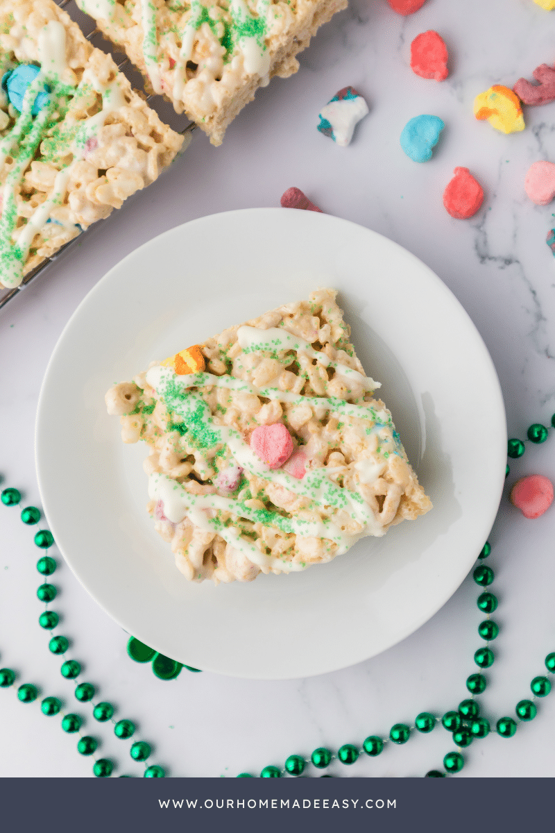 Lucky Charms Rice Krispie Treats on white plate